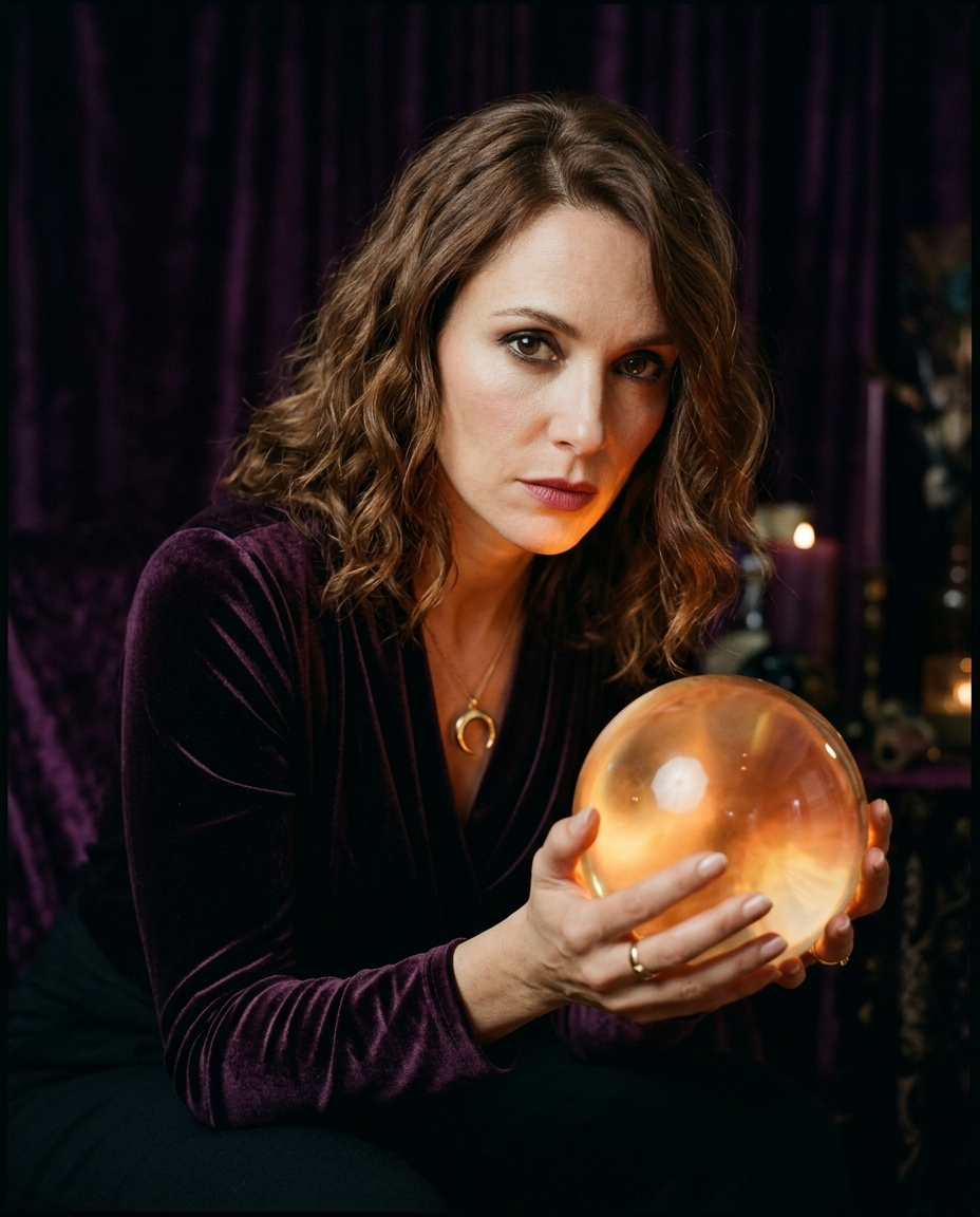 Marina en voyance directe avec sa boule de cristal et son jeu de 32 cartes