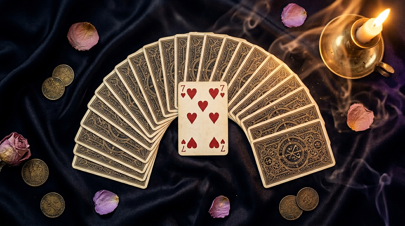 Jeu de 32 cartes étalé en demi-cercle, lumière mystique