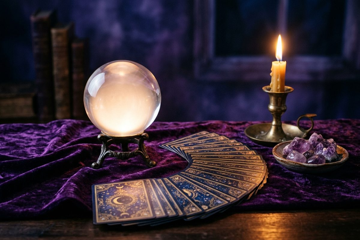 Boule de cristal sur son socle, cartes étalées en éventail, bougie allumée et améthystes sur un velours violet
